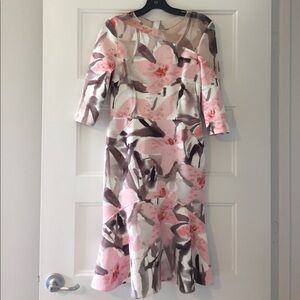 Teri Jon Pink and Taupe Floral Midi Dress